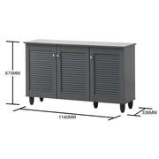 Dark grey wooden shoe rack cabinet with three doors, ideal for organizing 15 pairs of shoes in a space-saving storage stand.