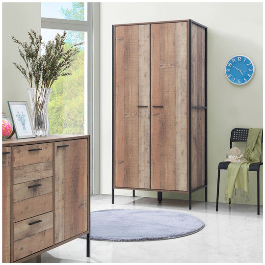 2 Door Wardrobe with Shelving Rustic Storage, Hanging Cupboard, Bedroom Furniture