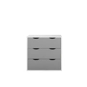 Lavish Kitchen Isle 3-drawer bedroom chest of drawers with modern wooden finish and silver handles for bedside storage.
