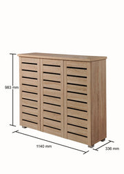 Lavish Kitchen Isle Sonoma Oak 3-door shoe cabinet with space for up to 20 pairs, featuring a modern oak finish and organized storage.