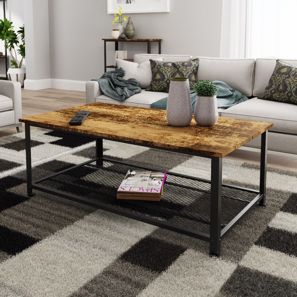 Rustic Wood Coffee Table  Rectangular  with Storage Shelf Living Room Furniture