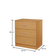 Lavish Kitchen Isle 3-drawer bedroom chest of drawers with chrome metal handles, wooden finish, and bedside storage cabinet.