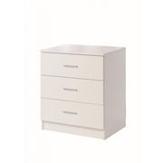 Lavish Kitchen Isle 3-drawer bedroom chest of drawers with chrome metal handles, ideal for bedside storage and bedroom organization.