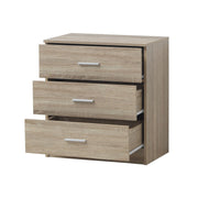 Lavish Kitchen Isle 3-drawer bedroom chest with chrome handles, wooden finish, ideal for bedroom bedside storage and organization.