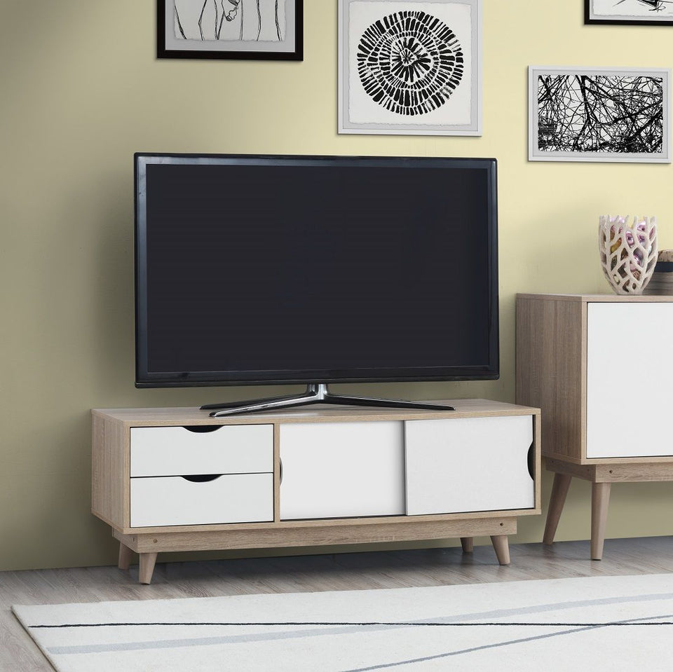 TV Stand Cabinet Unit with 2 Doors & 2 Drawers Modern Living Room Storage Solution Sonoma Oak and Whi