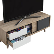 Lavish Kitchen Isle modern TV stand cabinet in Sonoma Oak with 2 doors and 2 drawers, featuring a sleek and functional design.