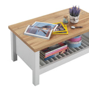 White rectangular Agonmi coffee table with storage shelf, modern living room furniture by Lavish Kitchen Isle.