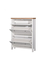 White wooden three-tier shoe cabinet by Lavish Kitchen Isle, compact shoe rack stand for organized storage and space saving.