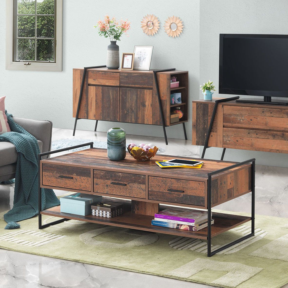 Rustic Coffee Table with 3 Drawers and Open Shelf Living Room Furniture with Storage