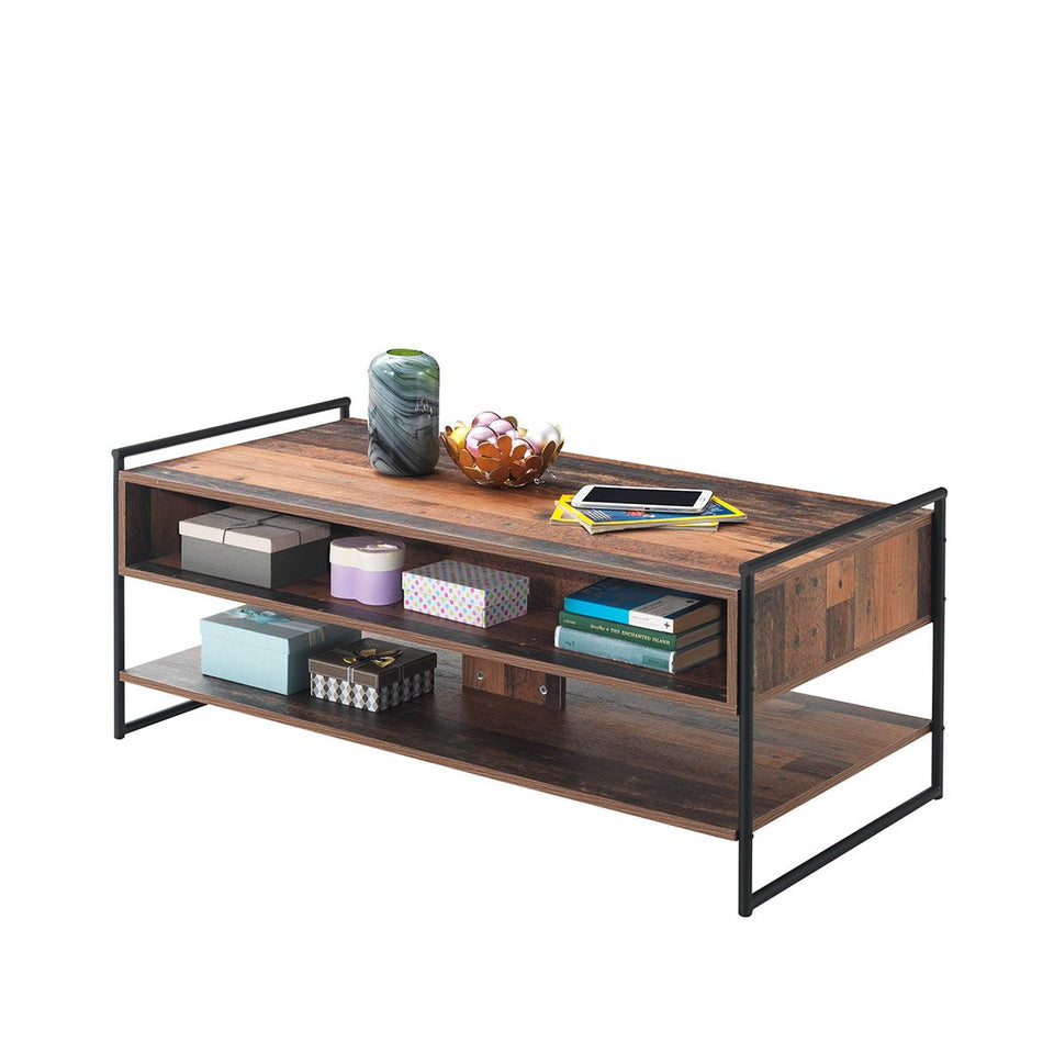 Rustic Coffee Table with 3 Drawers and Open Shelf Living Room Furniture with Storage