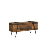 Modern rustic TV stand cabinet with 2 drawers and 4 open shelves, ideal for living room entertainment storage.