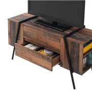 Modern rustic TV stand cabinet with 2 drawers and 4 open shelves, perfect for living room entertainment storage.