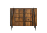 Rustic 4-drawer bedroom storage chest with metal frame, from Lavish Kitchen Isle, showcasing a sturdy, stylish wooden design.