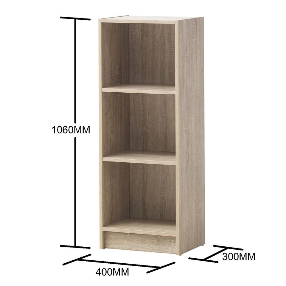 Bookcase with 3-Tier Adjustable Book Shelves Storage Unit for Living Room or Home Office Medium Size- Oak