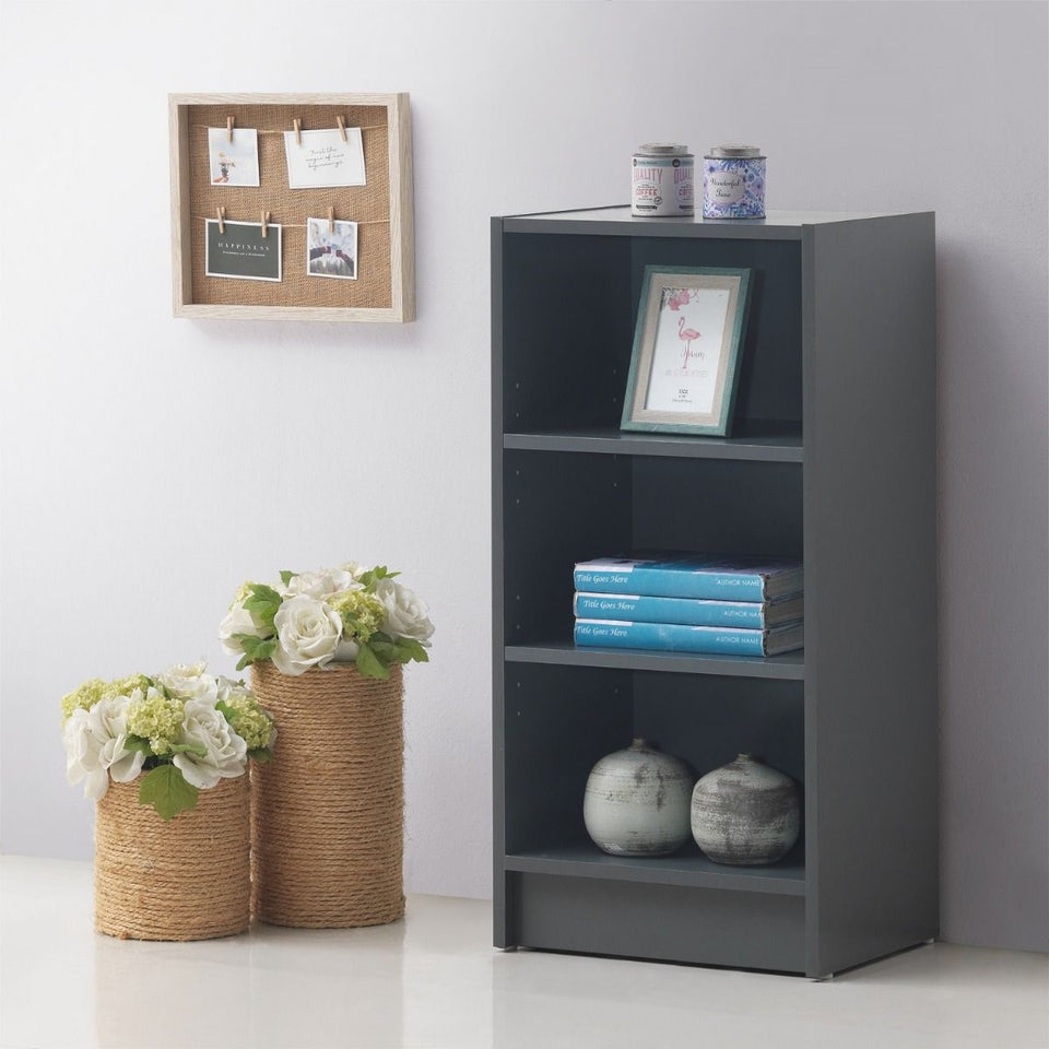 Small Narrow Dark Grey Bookcase with 3-Tier Book Shelves – Compact Storage Unit for Living Room or Home Office