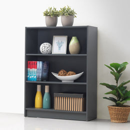 Low Wide Dark Grey Bookcase – 3 Adjustable Shelves for Storage - Lavish Kitchen Isle