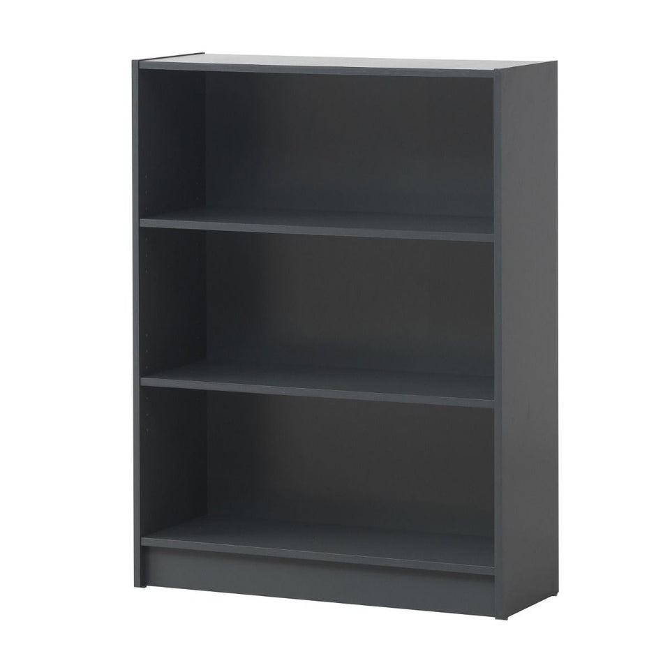 Low Wide Dark Grey Bookcase with 3-Tier Adjustable Book Shelving Storage Unit for Living Room or Home Office