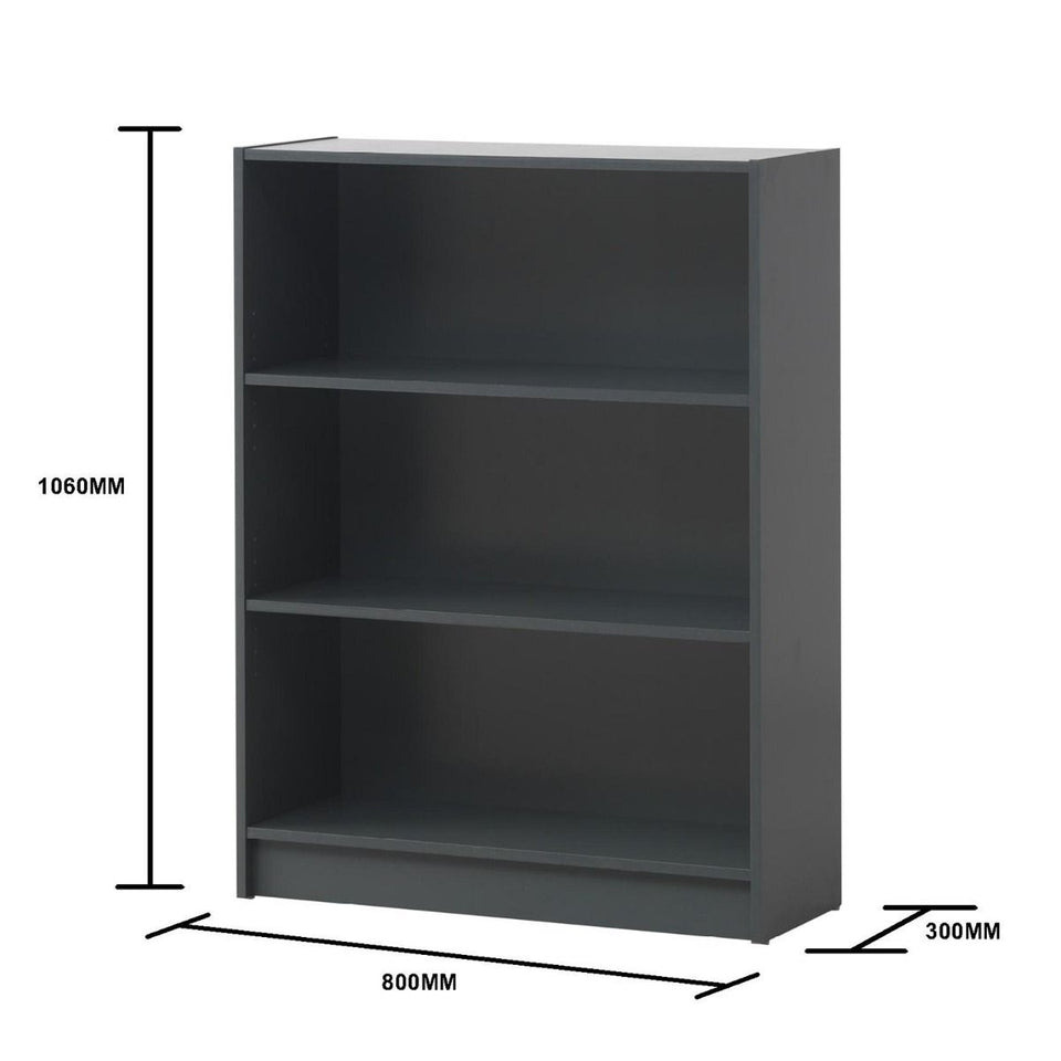Low Wide Dark Grey Bookcase with 3-Tier Adjustable Book Shelving Storage Unit for Living Room or Home Office