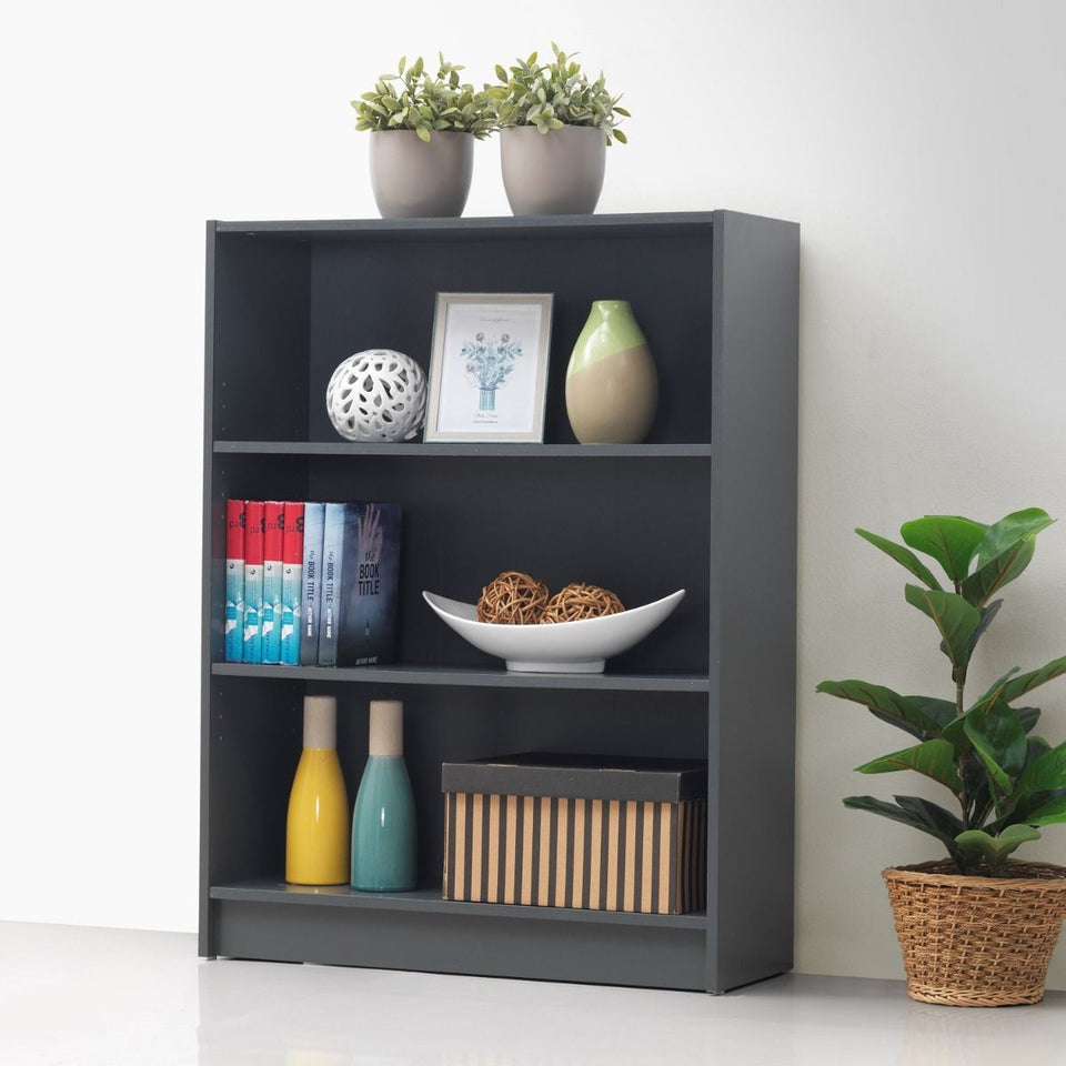 Low Wide Dark Grey Bookcase with 3-Tier Adjustable Book Shelving Storage Unit for Living Room or Home Office