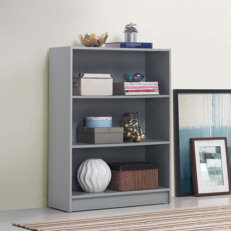 Low Wide Light Grey Bookcase with 3-Tier Adjustable Book Shelving – Storage Unit for Living Room or Home Office