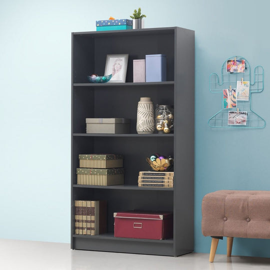 Tall Dark Grey Bookcase – 4 Adjustable Shelves for Home Storage