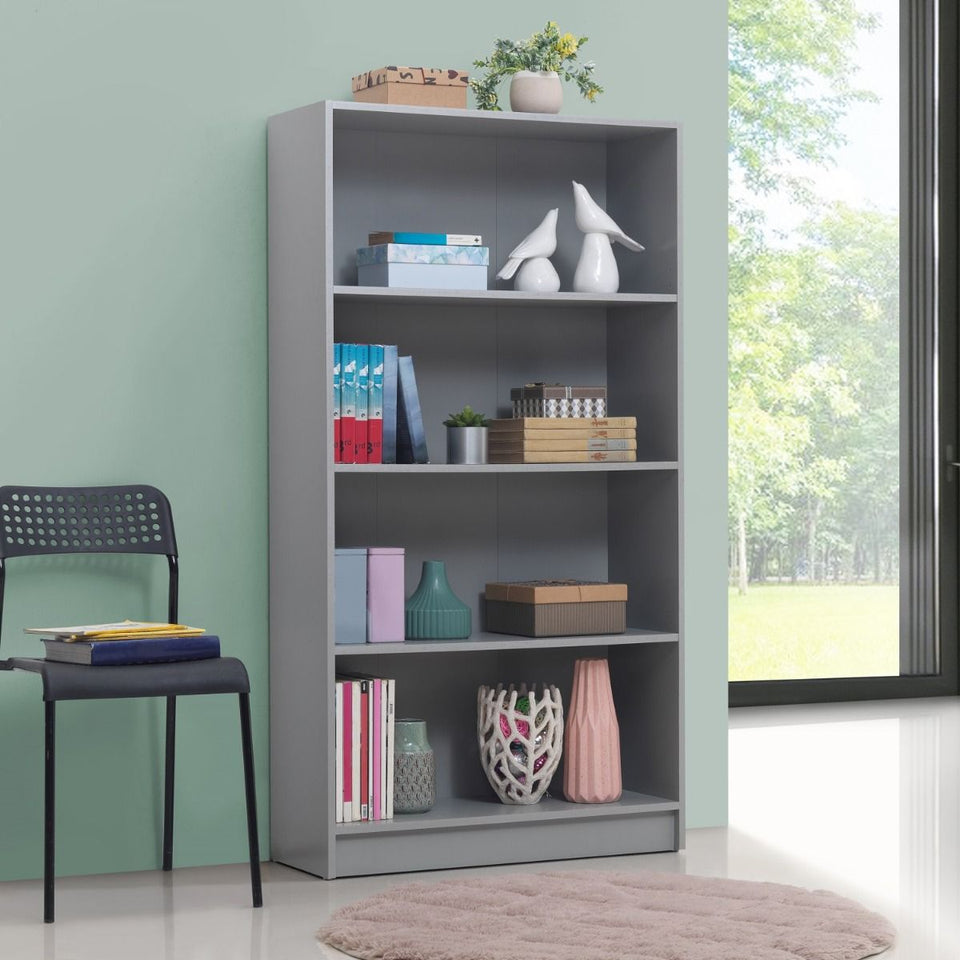 Tall Light Grey Bookcase with 4-Tier Adjustable Bookshelf Shelving – Storage Unit for Living Room or Home Office