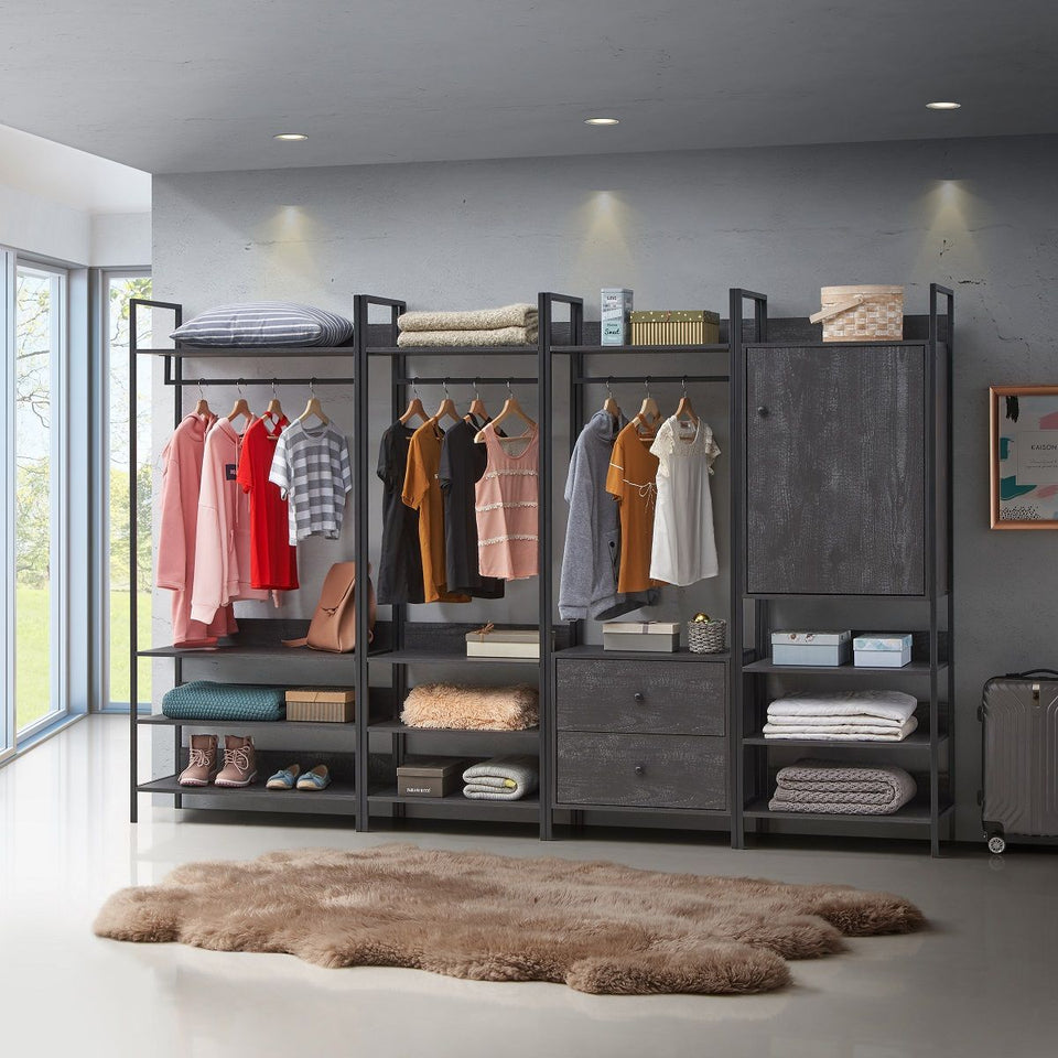 Open Wardrobe with 4 Shelves Wardrobe Storage with Hanging Rail and Shelving Small Space