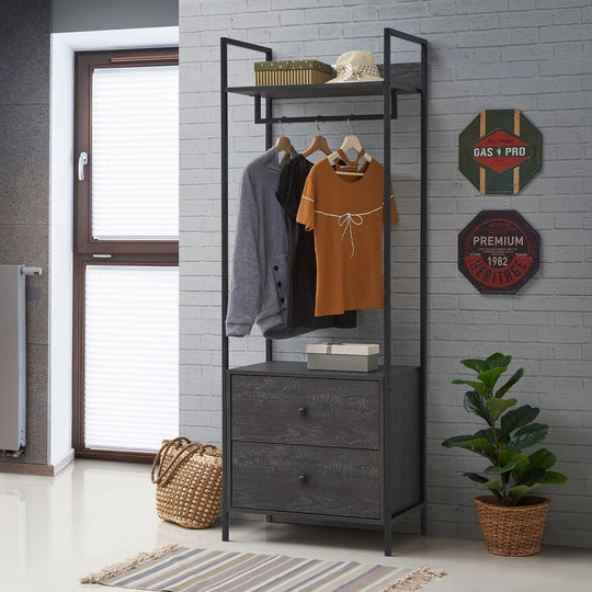 Open Wardrobe with 2 Drawers  2 Shelves – Wardrobe Storage with Hanging Space and Shelving