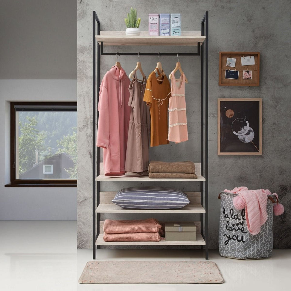 Open Wardrobe with 4 Shelves Wardrobe Storage with Hanging Rail and Shelving Small Space