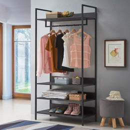 Open Wardrobe with 4 Shelves Wardrobe Storage with Hanging Rail and Shelving Small Space - Lavish Kitchen Isle