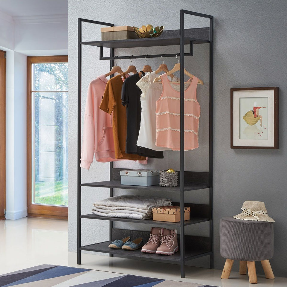 Open Wardrobe with 4 Shelves Wardrobe Storage with Hanging Rail and Shelving Small Space