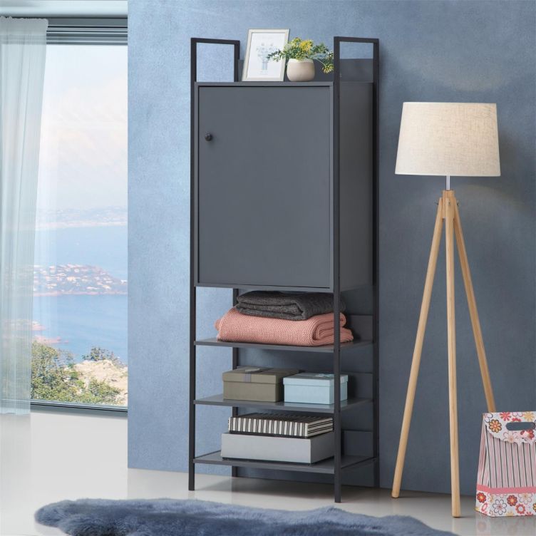 Storage Cabinet with 1 Door & 4 Shelves Wardrobe Storage with Cupboard and Open Shelving for Bedroom Furniture