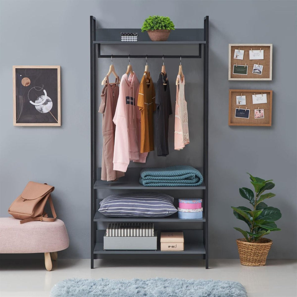 Open Wardrobe with 4 Shelves Wardrobe Storage with Hanging Rail and Shelving Small Space