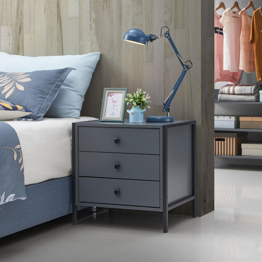 Modern Dark Grey Nightstand with 3 Drawers Stylish Bedside Table for Contemporary Homes