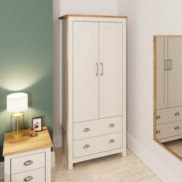 Cream and oak effect Lavish Kitchen Isle 2-door wardrobe with hanging rail, shelving, and drawers for stylish storage.