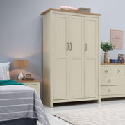 Lavish Kitchen Isle Ite 3-piece bedroom set with cream and oak finish, includes wardrobe, chest of drawers, and bedside table.