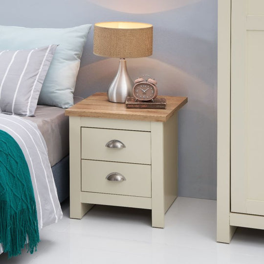 Ite Cream Nightstand with 2 Drawers Stylish Bedroom Bedside Table with Oak Effect Top