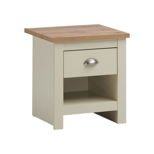 Cream Nightstand with 1 Drawer Versatile Bedside Table with Oak Effect Top & Shelf