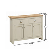 Cream sideboard cabinet with oak top, 3 doors, and 2 drawers, ideal for living or dining room storage by Lavish Kitchen Isle.