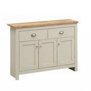 Cream sideboard cabinet with oak top featuring three doors and two drawers, ideal for living or dining room storage.