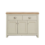 Cream sideboard cabinet with oak top, 3 doors and 2 drawers, ideal for living or dining room storage by Lavish Kitchen Isle.