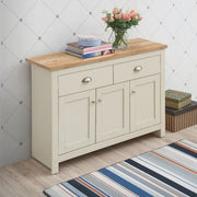 Cream sideboard cabinet with oak top, 3 doors and 2 drawers, ideal for living or dining room storage by Lavish Kitchen Isle.