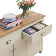Cream sideboard cabinet with oak top, 3 doors and 2 drawers, ideal for living or dining room storage, by Lavish Kitchen Isle.
