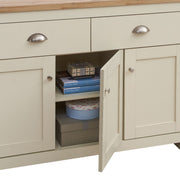 Cream sideboard cabinet with oak top, 3 doors and 2 drawers, ideal for living or dining room storage by Lavish Kitchen Isle.