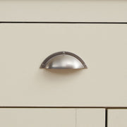 Cream sideboard cabinet with oak top, featuring 3 doors and 2 drawers, perfect for living or dining room storage.