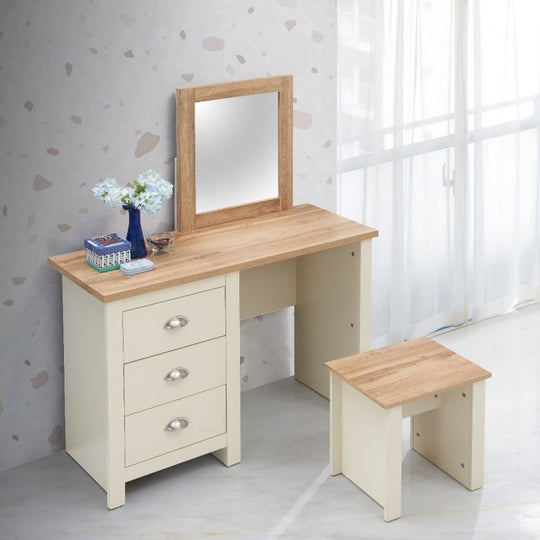 Hearth Cream Dressing Table with 3 Drawers – Elegant Bedroom Vanity with Oak-Effect Top