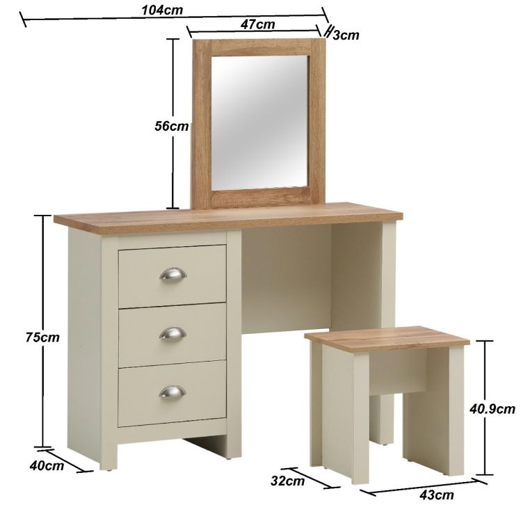 Hearth Cream Dressing Table with 3 Drawers - Bedroom Furniture with Cascading Oak Top