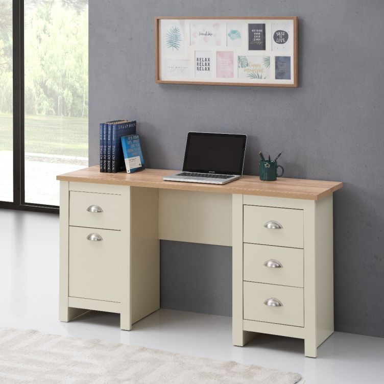 Ite Cream and Oak Effect Desk with 4 Drawers and Cupboard Home Office Computer Study Desk Table