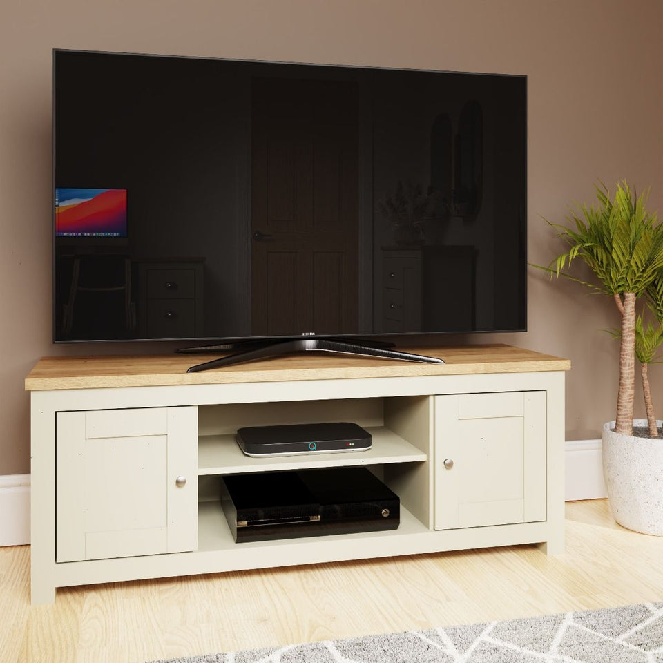 Ite Cream and Oak Effect TV Stand Cabinet Unit Modern Media Storage for Living Room