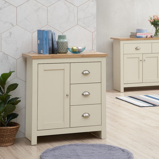 Sideboard Cabinet with 1 Door and 3 Solid Drawers Storage Buffet Unit for Living and Dining Room Furniture in Cream
